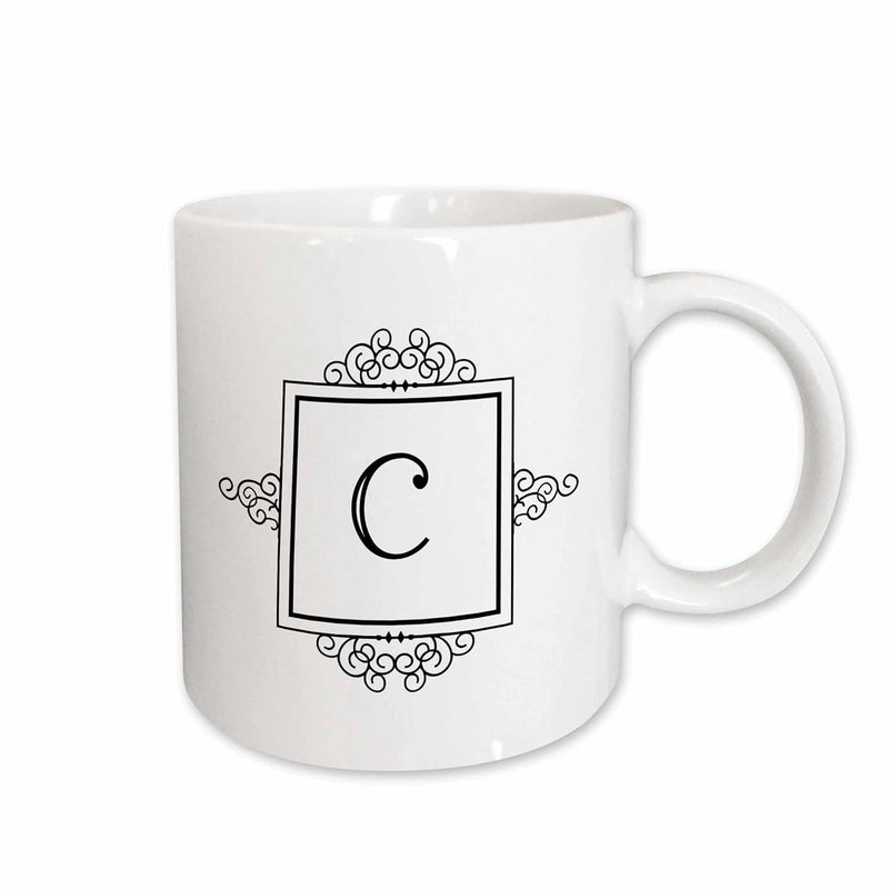 Tailorly White Ceramic 11 oz Mug - C Elegant Ornate Frame With Vintage Scrollwork And Stylized Letter Monogram
