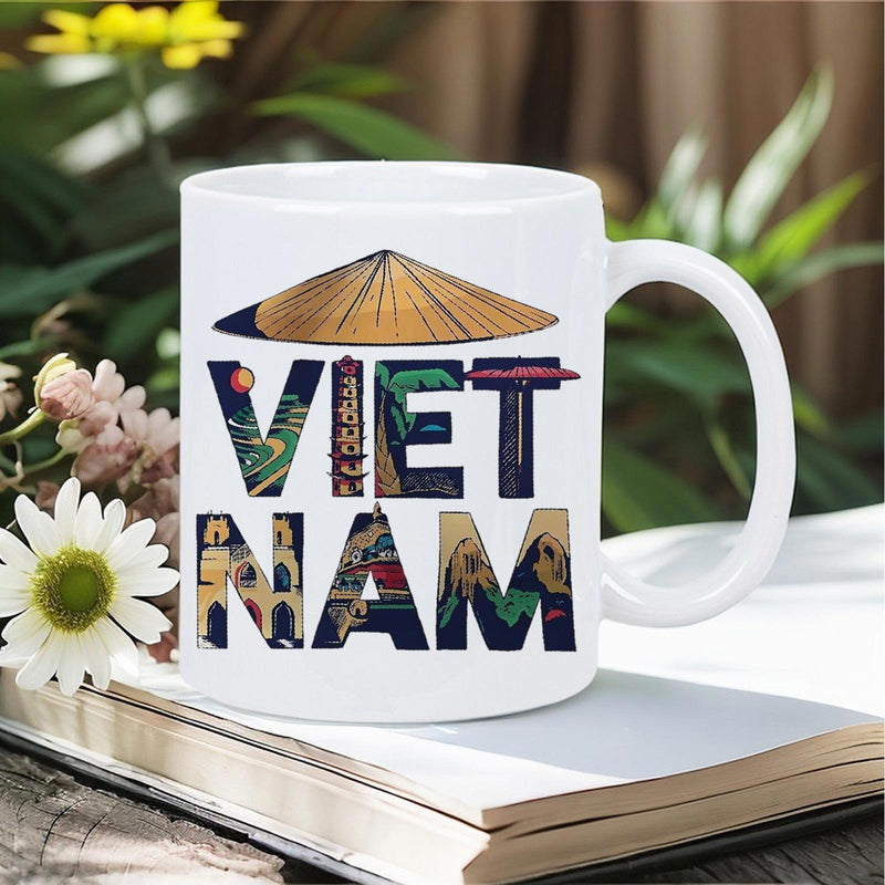 Tailorly White Ceramic 11 oz Mug - Vietnam Traditional Conical Hat Above Artistic Letters With Scenic Landscapes Mug