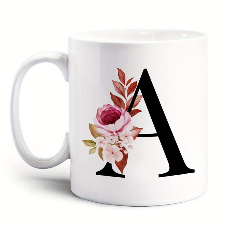 Tailorly White Ceramic 11 oz Mug - A Elegant Serif Character Decorated With Soft Watercolor Pink Rose Petals And Leaves Letter