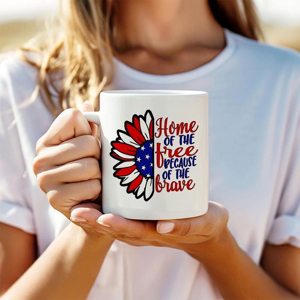 Tailorly White Ceramic 11 oz Mug - Home Of The Free Because Of The Brave Patriotic American Flag Petals Blooming Inside An Artistic Sunflower