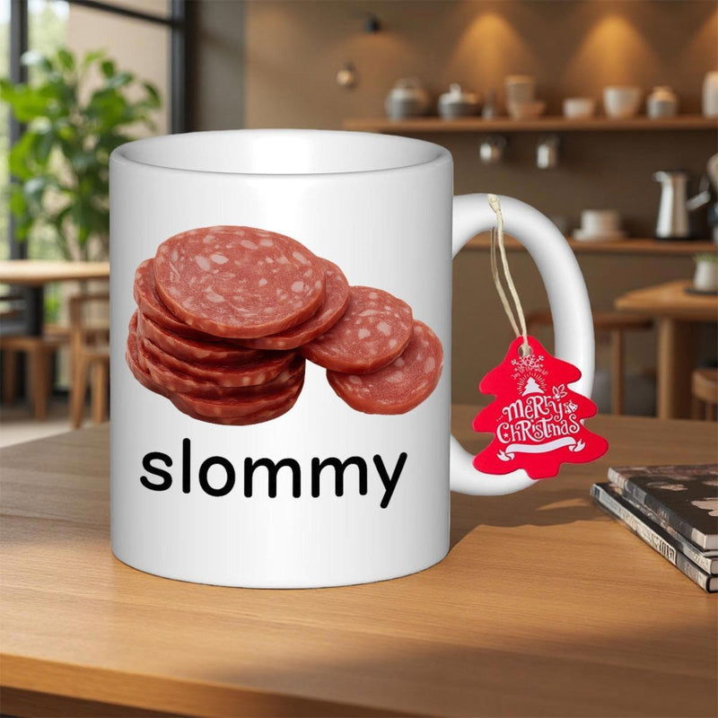 Tailorly White Ceramic 11 oz Mug - Slommy Stacked Round Slices Of Savory Red Salami Resting Above Bold Black Text Salami