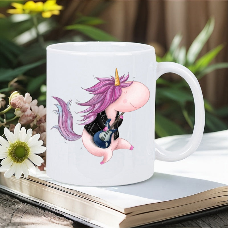 Tailorly White Ceramic 11 oz Mug - Whimsical Cartoon Rockstar With Purple Mane Playing Blue Electric Guitar Unicorn