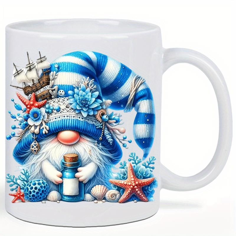 Tailorly White Ceramic 11 oz Mug - Coastal Nautical Themed Gnome Wearing Blue Striped Hat Holding Bottle Gnome