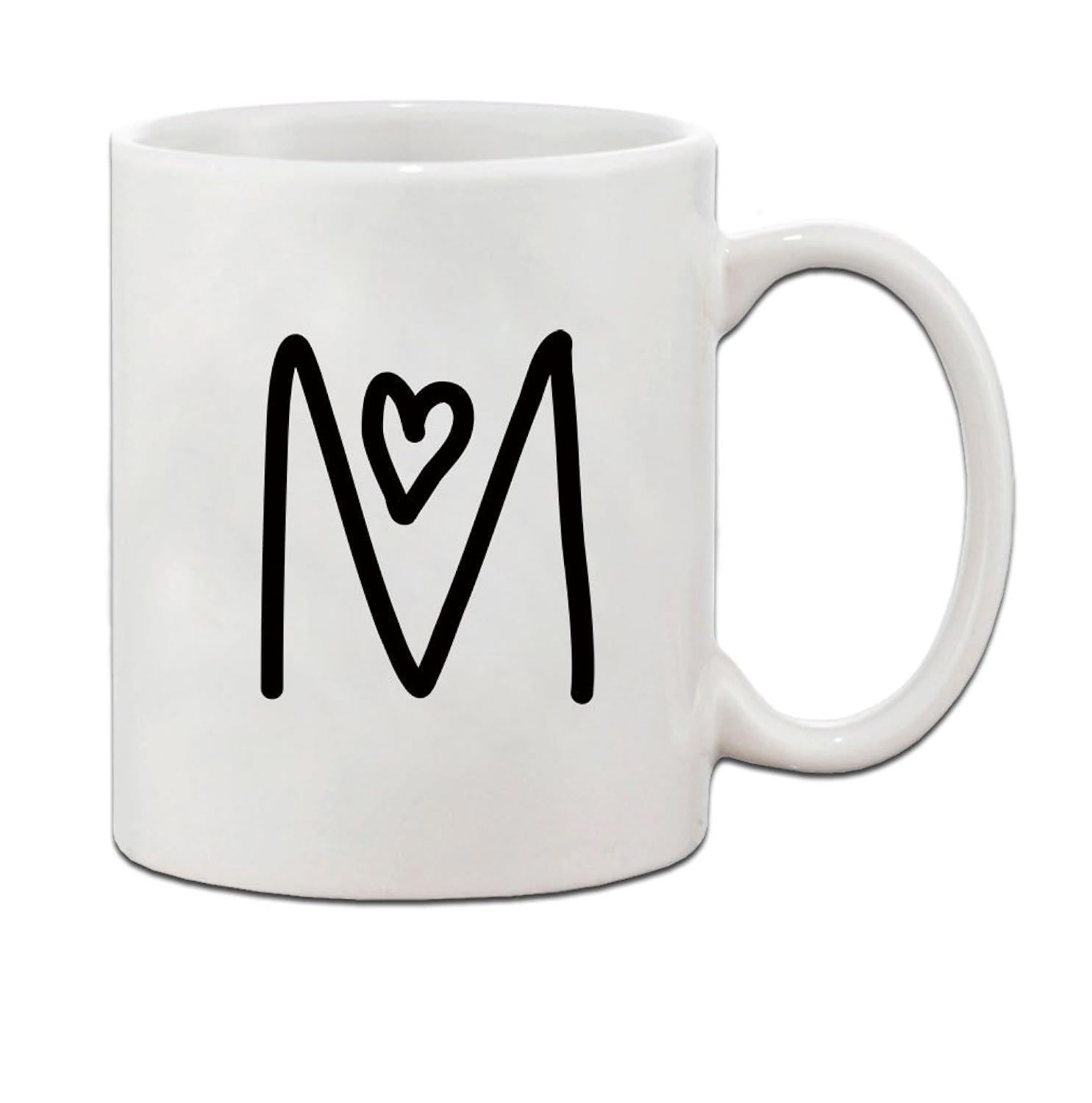 Tailorly White Ceramic 11 oz Mug - M Minimalist Black Hand Drawn Script Design With Heart Silhouette Letter