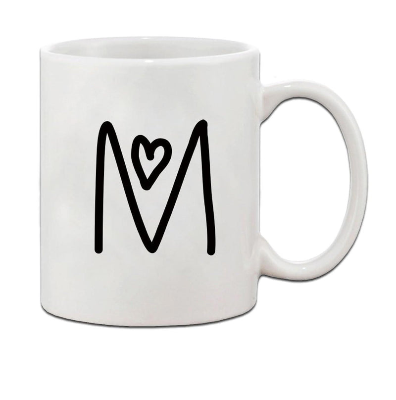 Tailorly White Ceramic 11 oz Mug - M Minimalist Black Hand Drawn Script Design With Heart Silhouette Letter