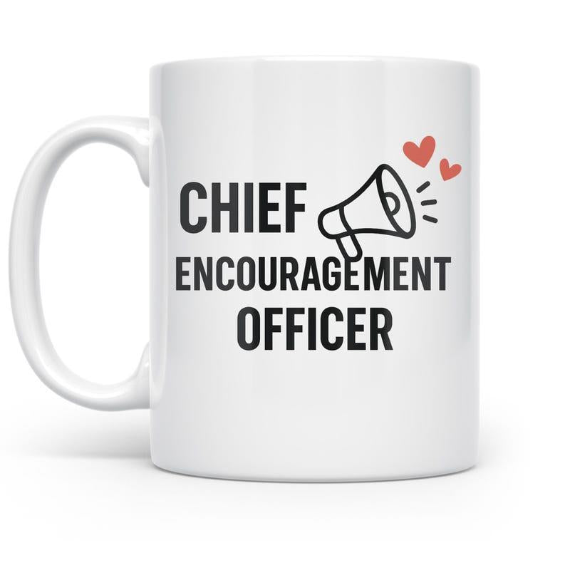 Tailorly White Ceramic 11 oz Mug - Chief Encouragement Officer Minimalist Line Art Megaphone With Floating Red Hearts Motivation Mug
