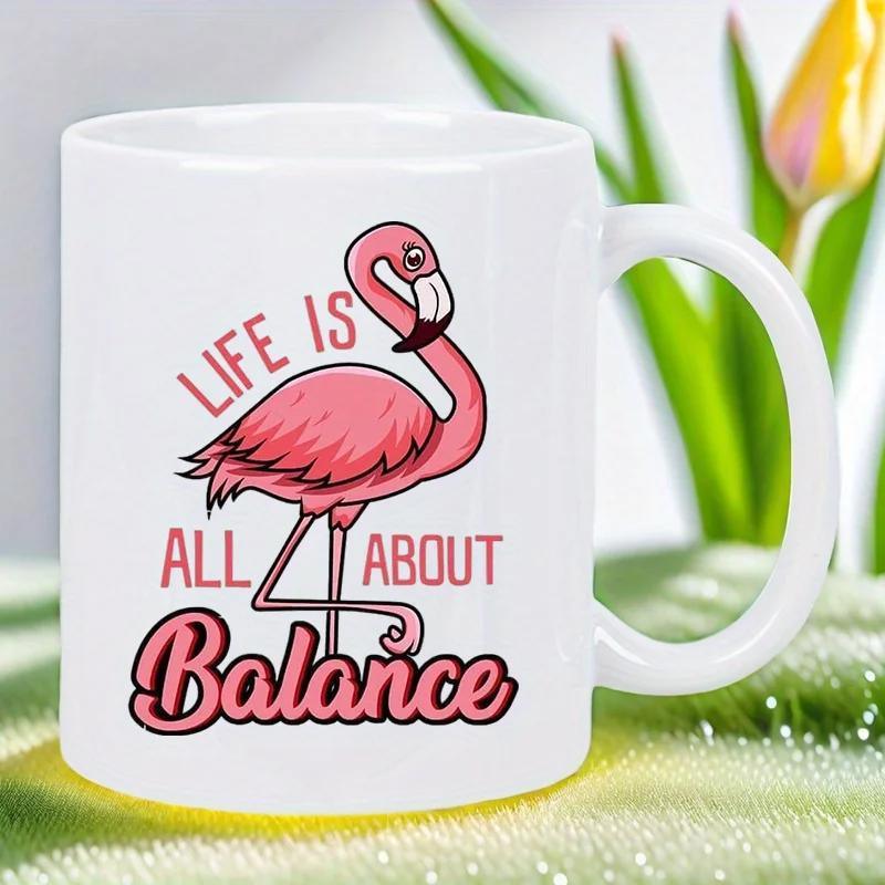 Tailorly White Ceramic 11 oz Mug - Life Is All About Balance Elegant Pink Bird Standing On One Leg Surrounded By Inspirational Quotes Flamingo