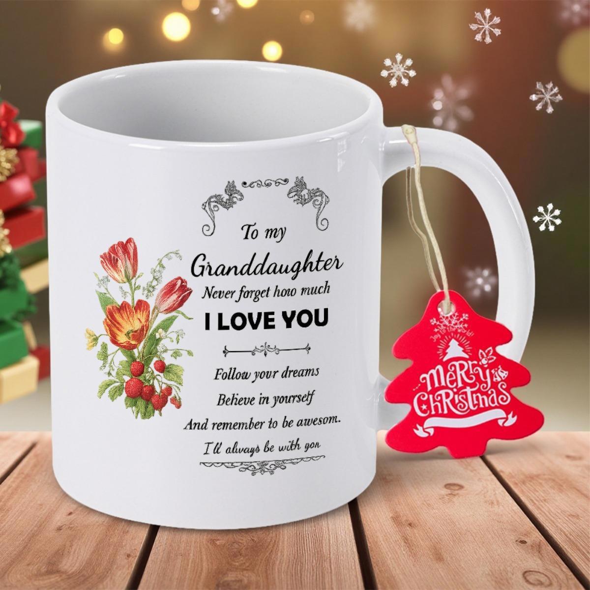 Tailorly White Ceramic 11 oz Mug - To My Granddaughter I Love You Merry Christmas Vibrant Blooming Tulips With Elegant Decorative Swirls On Pure White Surface Mug