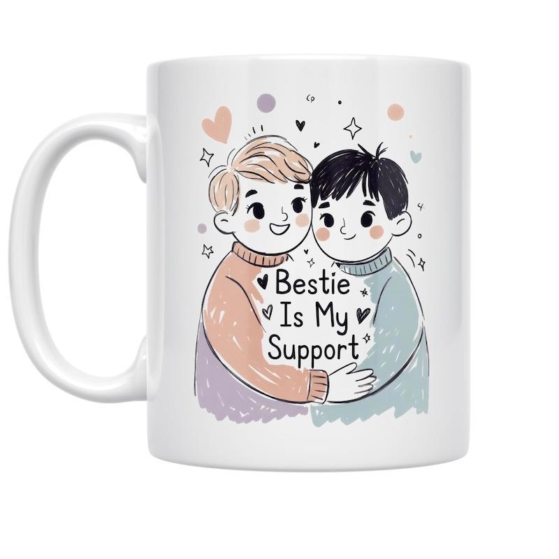 Tailorly White Ceramic 11 oz Mug - Bestie Is My Support Cute Illustrative Boys Embracing With Hearts And Sparkles In A Loving Way Friends