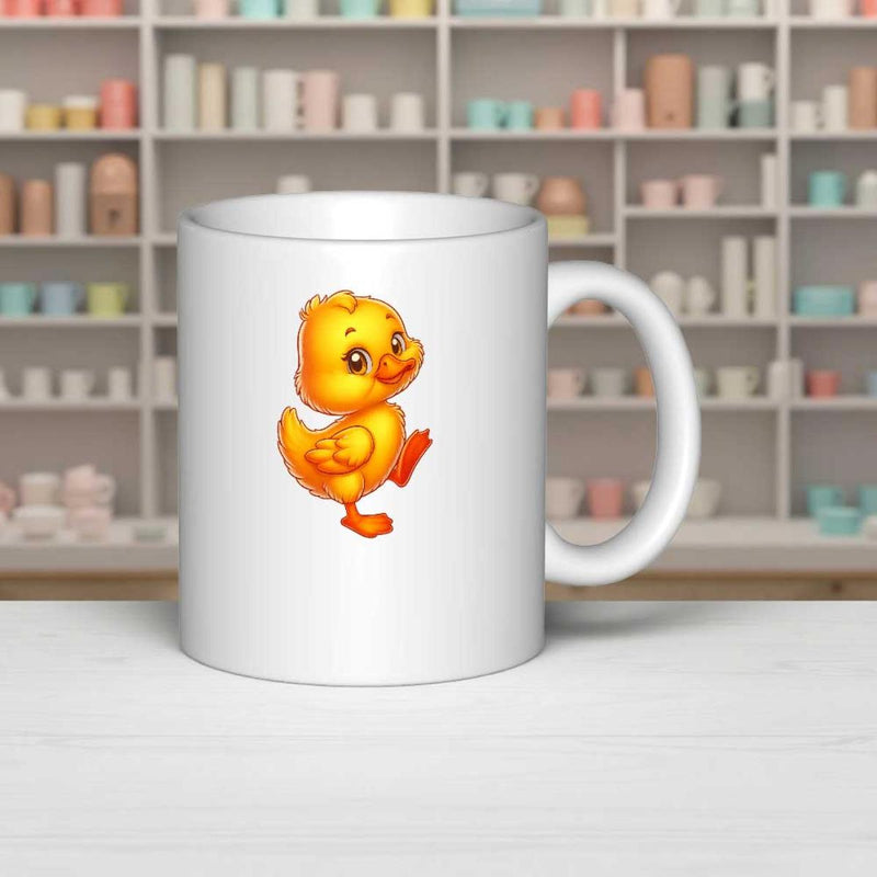 Tailorly White Ceramic 11 oz Mug - Vibrant Yellow Cartoon Duckling With Cheerful Eyes Walking Happily Duck
