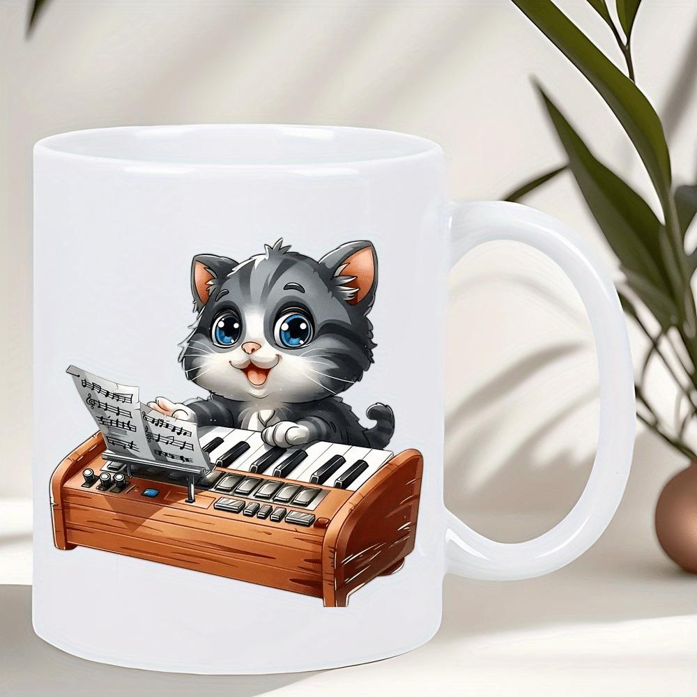 Tailorly White Ceramic 11 oz Mug - Adorable Grey Kitten Playing A Wooden Electronic Keyboard With Sheet Music Cat