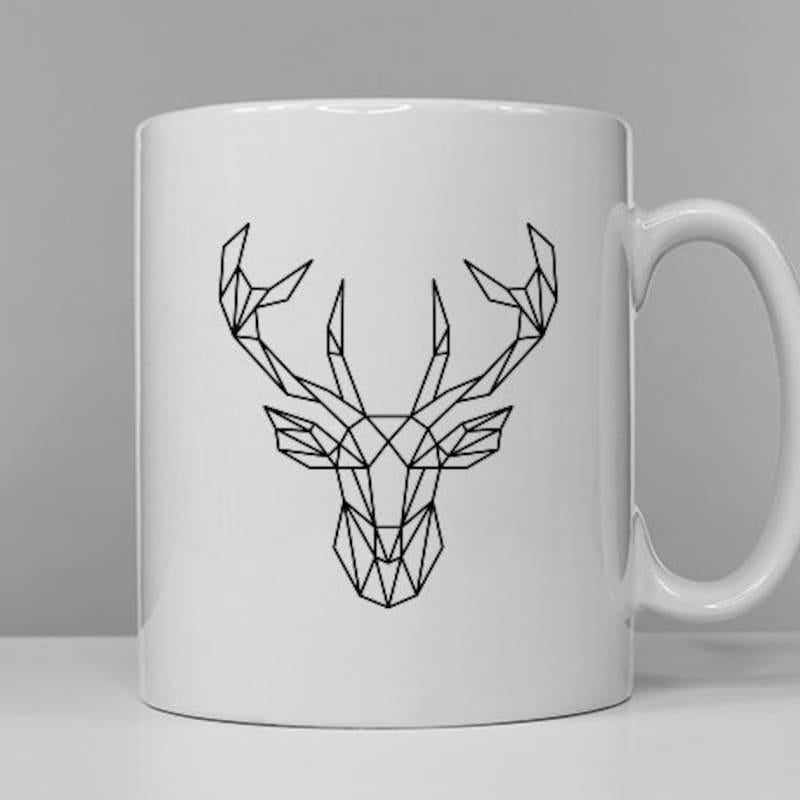 Tailorly White Ceramic 11 oz Mug - Minimalist Black Polygon Lines Forming A Modern Symmetrical Forest Animal Deer
