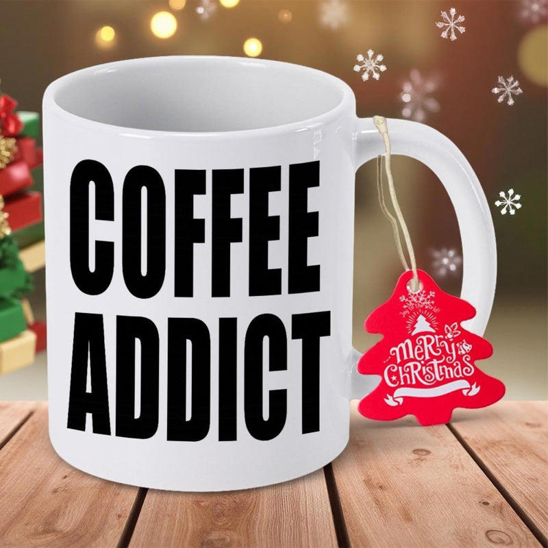 Tailorly White Ceramic 11 oz Mug - Coffee Addict Merry Christmas Sleek Resting On Rustic Wooden Table Mug