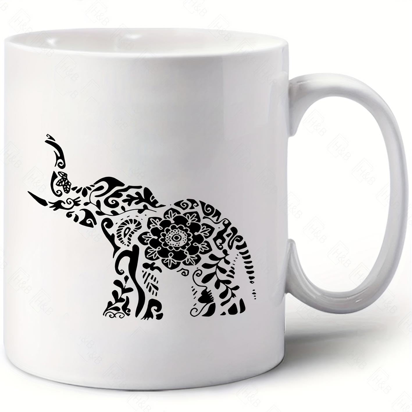 Tailorly White Ceramic 11 oz Mug - Intricate Mandala Pattern Silhouette Standing Gracefully In A Pure White Background Elephant