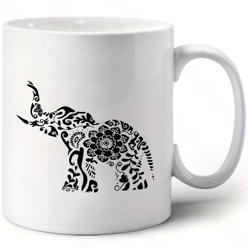 Tailorly White Ceramic 11 oz Mug - Intricate Mandala Pattern Silhouette Standing Gracefully In A Pure White Background Elephant