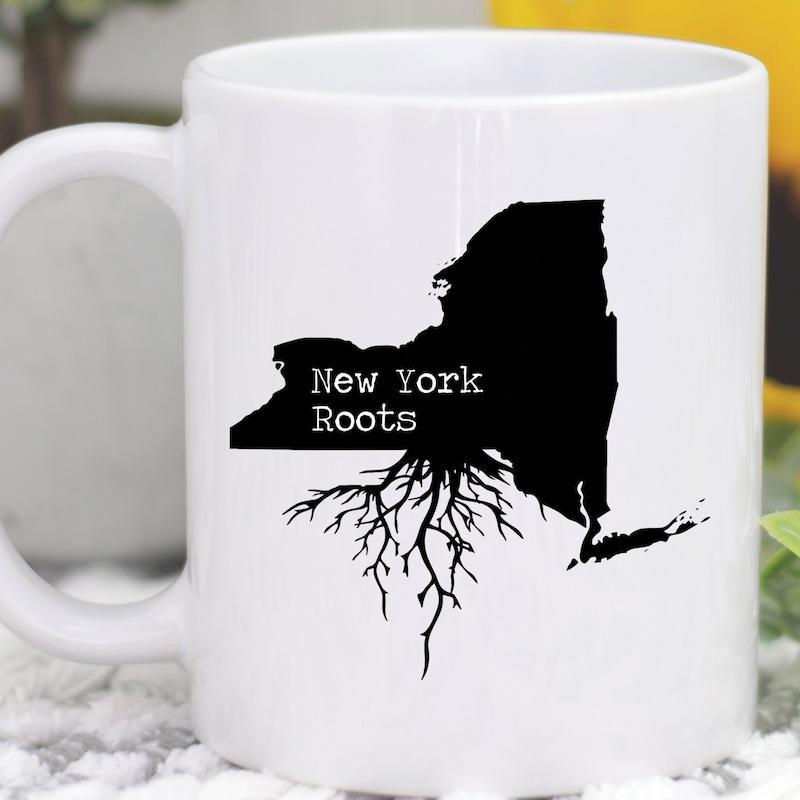 Tailorly White Ceramic 11 oz Mug - New York Roots Silhouette Of New York State With Intricate Tree Roots Spreading Downwards Map