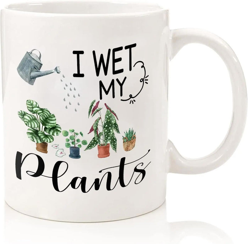 Tailorly White Ceramic 11 oz Mug - I Wet My Plants Watering Can Pouring Droplets Over Lush Potted Green Leafy Garden Botanical Plants