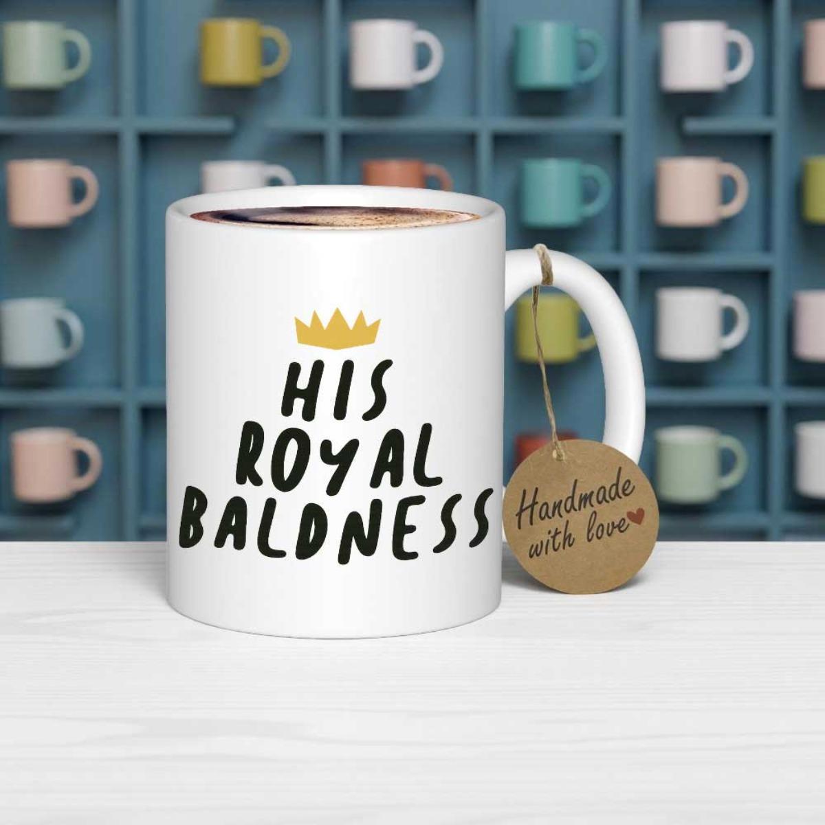 Tailorly White Ceramic 11 oz Mug - His Royal Baldness Small Golden Yellow Five Pointed Royal Headwear Symbol Simple Design Crown