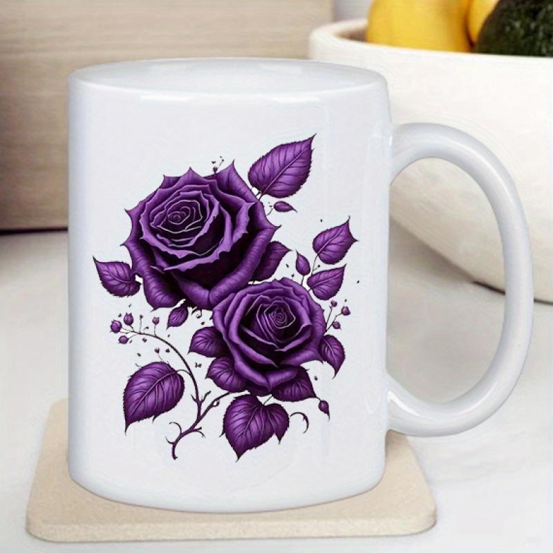 Tailorly White Ceramic 11 oz Mug - Elegant Blooming Deep Purple Floral Petals With Detailed Leaves Rose