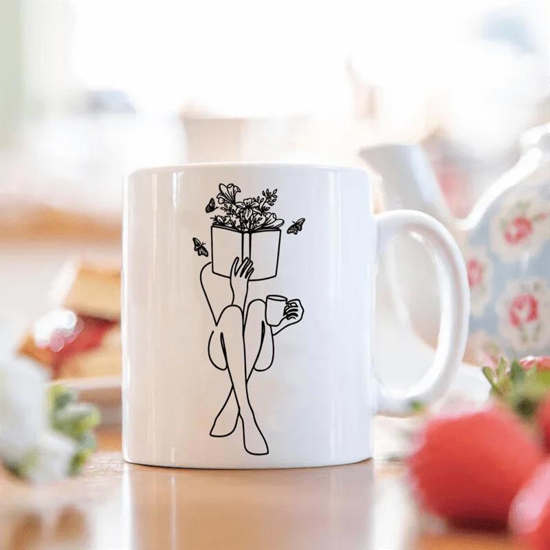 Tailorly White Ceramic 11 oz Mug - Elegant Minimalist Black Line Art Of Person Reading A Book Reader