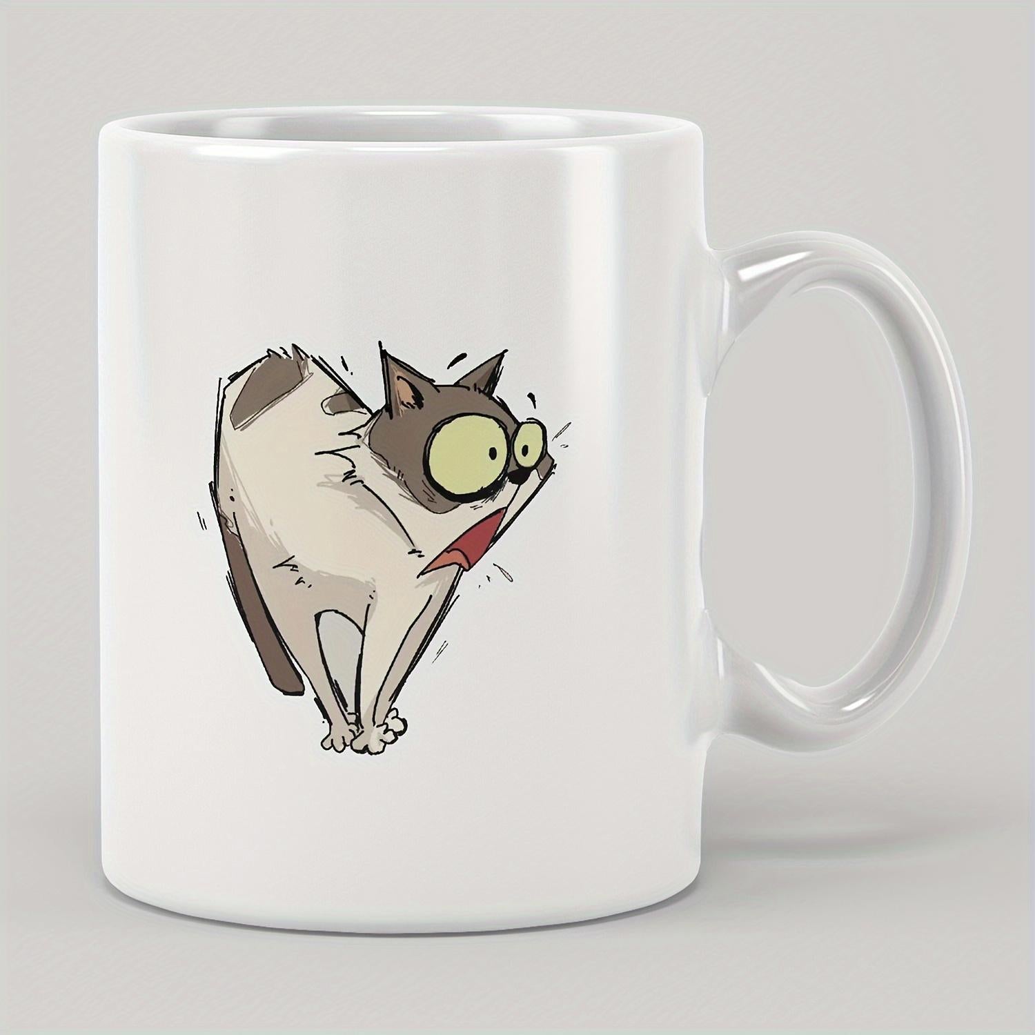 Tailorly White Ceramic 11 oz Mug - Funny Hand Drawn Cartoon Illustration Featuring Surprised Big Eyed Scared Cat