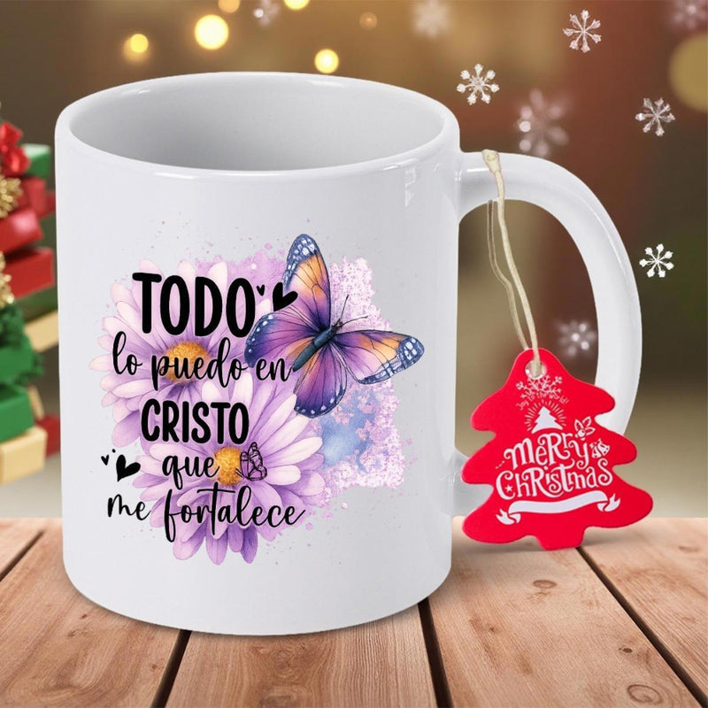 Tailorly White Ceramic 11 oz Mug - Merry Christmas Elegant Purple Winged Butterfly Amidst Soft Blooming Garden Flowers Butterfly