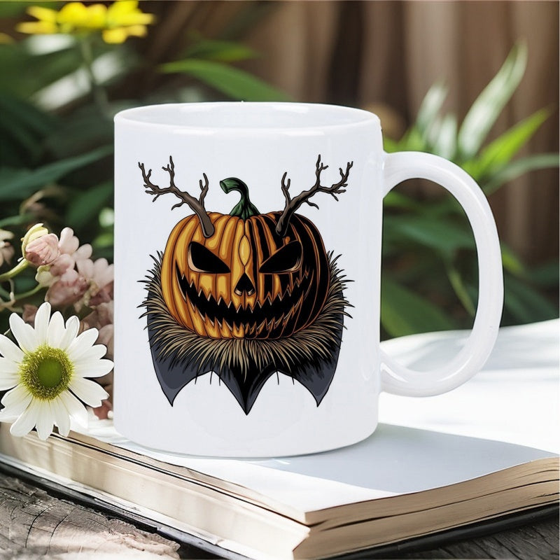 Tailorly White Ceramic 11 oz Mug - Glowing Evil Halloween Gourd With Branch Antlers And Dark Ruff Spooky Pumpkin