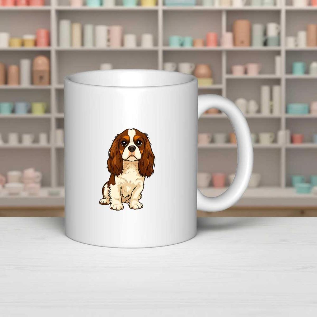 Tailorly White Ceramic 11 oz Mug - Adorable Cartoon Cavalier King Charles Spaniel Sitting In Peaceful Pose Dog