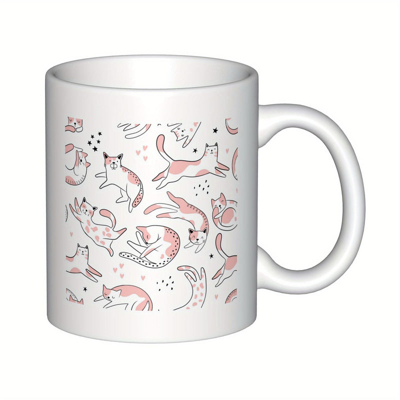 Tailorly White Ceramic 11 oz Mug - Playful Hand Drawn Felines Stretching And Sleeping Within Minimalist Artistic Pattern Cat