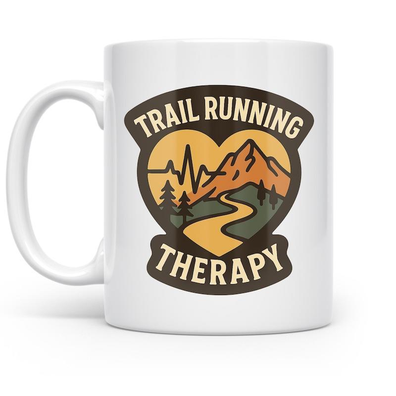 Tailorly White Ceramic 11 oz Mug - Trail Running Therapy Heart Shape Featuring Winding Mountain Trail Among Evergreen Trees Under Pulse Line Mountain