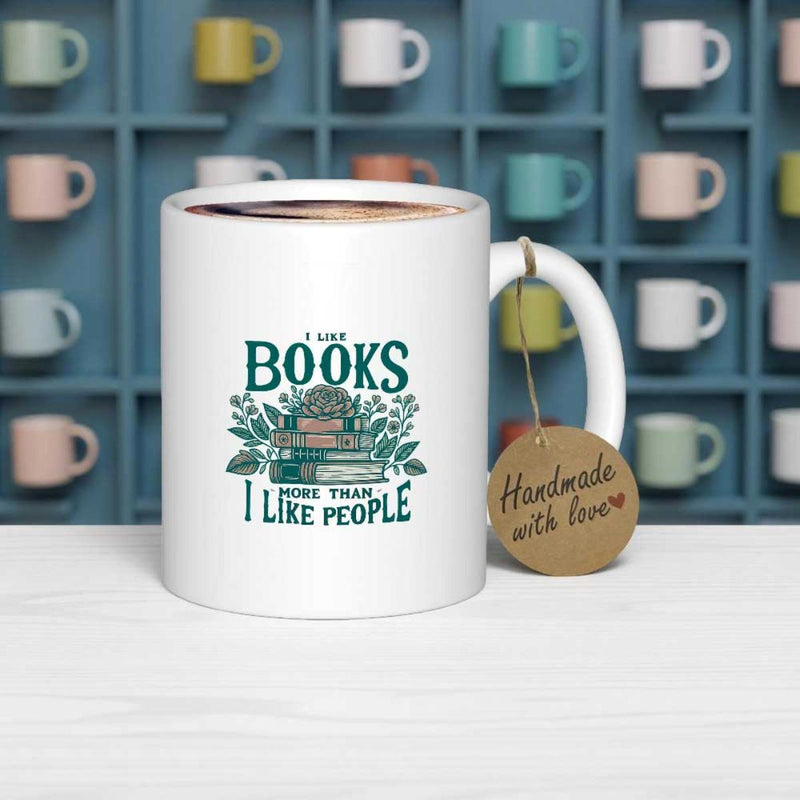 Tailorly White Ceramic 11 oz Mug - I Like Books More Than I Like People Stack Of Vintage Literature Among Lush Green Leaves And Elegant Botanicals Book