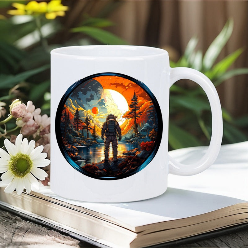 Tailorly White Ceramic 11 oz Mug - Majestic Adventurer Standing Amidst Pine Trees Under A Glowing Celestial Body Astronaut