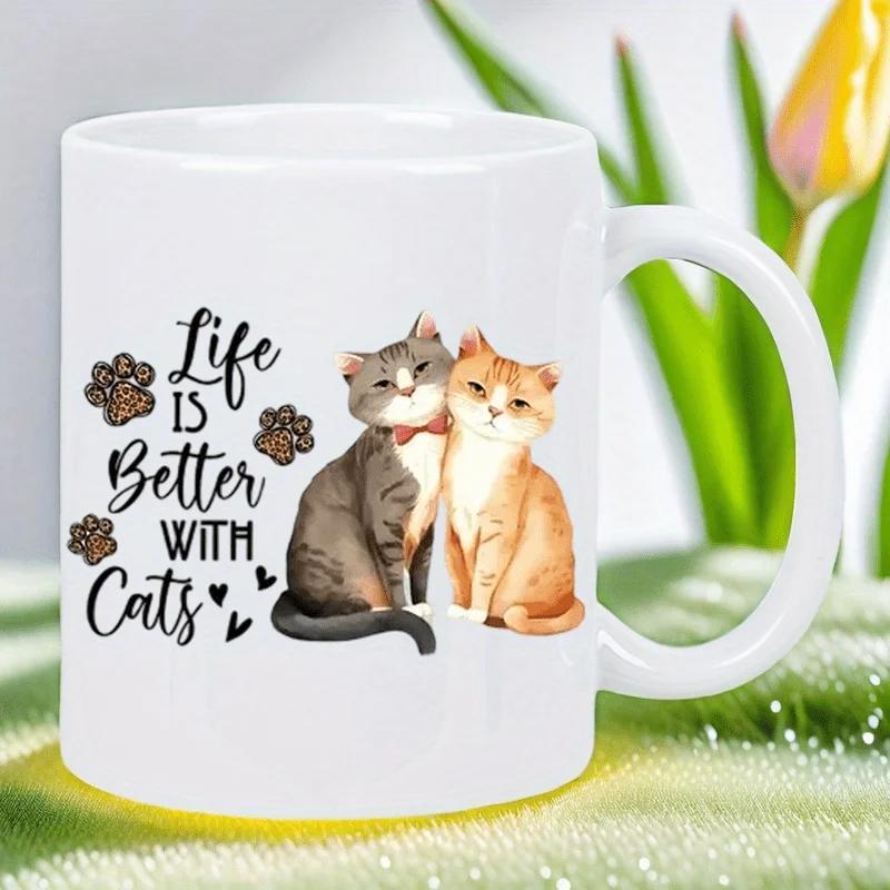 Tailorly White Ceramic 11 oz Mug - Life Is Better With Cats Two Adorable Kittens Sitting Together Amidst Tiny Paw Prints And Hearts Cats