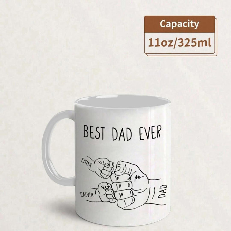 Tailorly White Ceramic 11 oz Mug - Best Dad Ever Simple Black Line Art Featuring Adult And Children Hands Clenched In A Loving Fist Bump