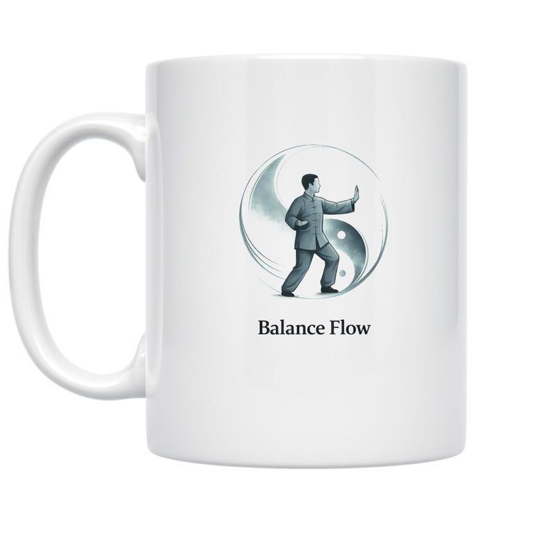 Tailorly White Ceramic 11 oz Mug - Balance Flow Martial Artist Performing Tai Chi Movements Against A Stylized Yin Yang Mug