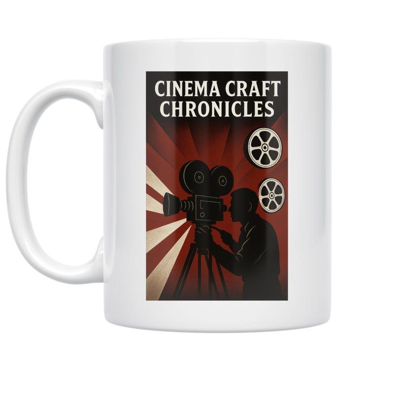 Tailorly White Ceramic 11 oz Mug - Cinema Craft Chronicles Retro Movie Scene With Director Silhouette And Revolving Film Reels Camera