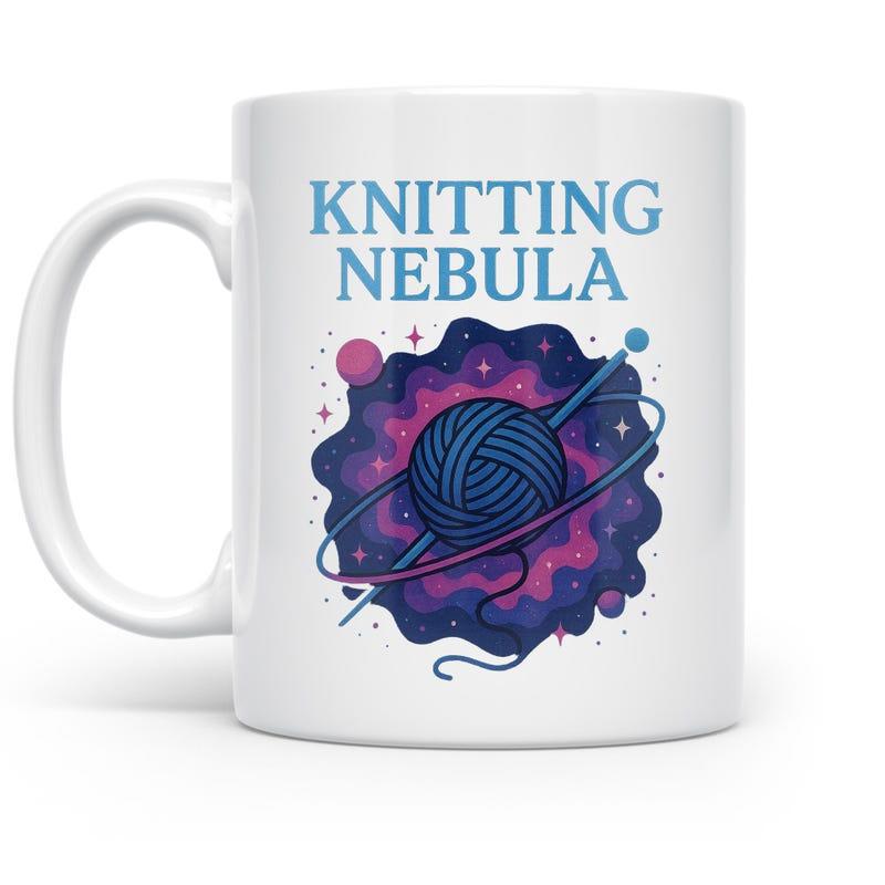 Tailorly White Ceramic 11 oz Mug - Knitting Nebula Vibrant Cosmic Galaxy Clouds With Knitting Needles Piercing Through Soft Celestial Yarn Ball