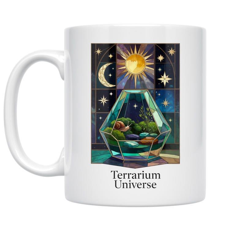 Tailorly White Ceramic 11 oz Mug - Terrarium Universe Celestial Sun Moon Stars Shining Over A Geometric Moss Filled Glass Terrarium