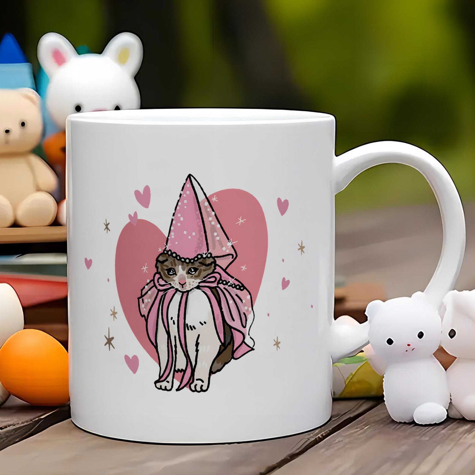 Tailorly White Ceramic 11 oz Mug - Adorable Little Kitten Wearing Pink Princess Hat And Cape Sitting Before Heart Cat