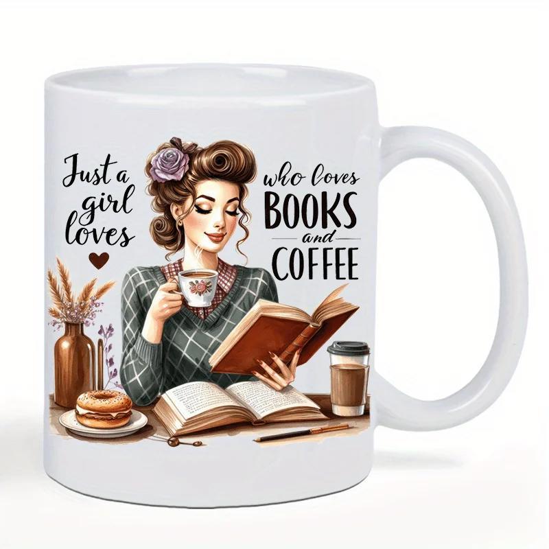 Tailorly White Ceramic 11 oz Mug - Just A Girl Who Loves Books And Coffee Vintage Stylized Woman Reading Peacefully With Steaming Mug And Sweet Donut Girl