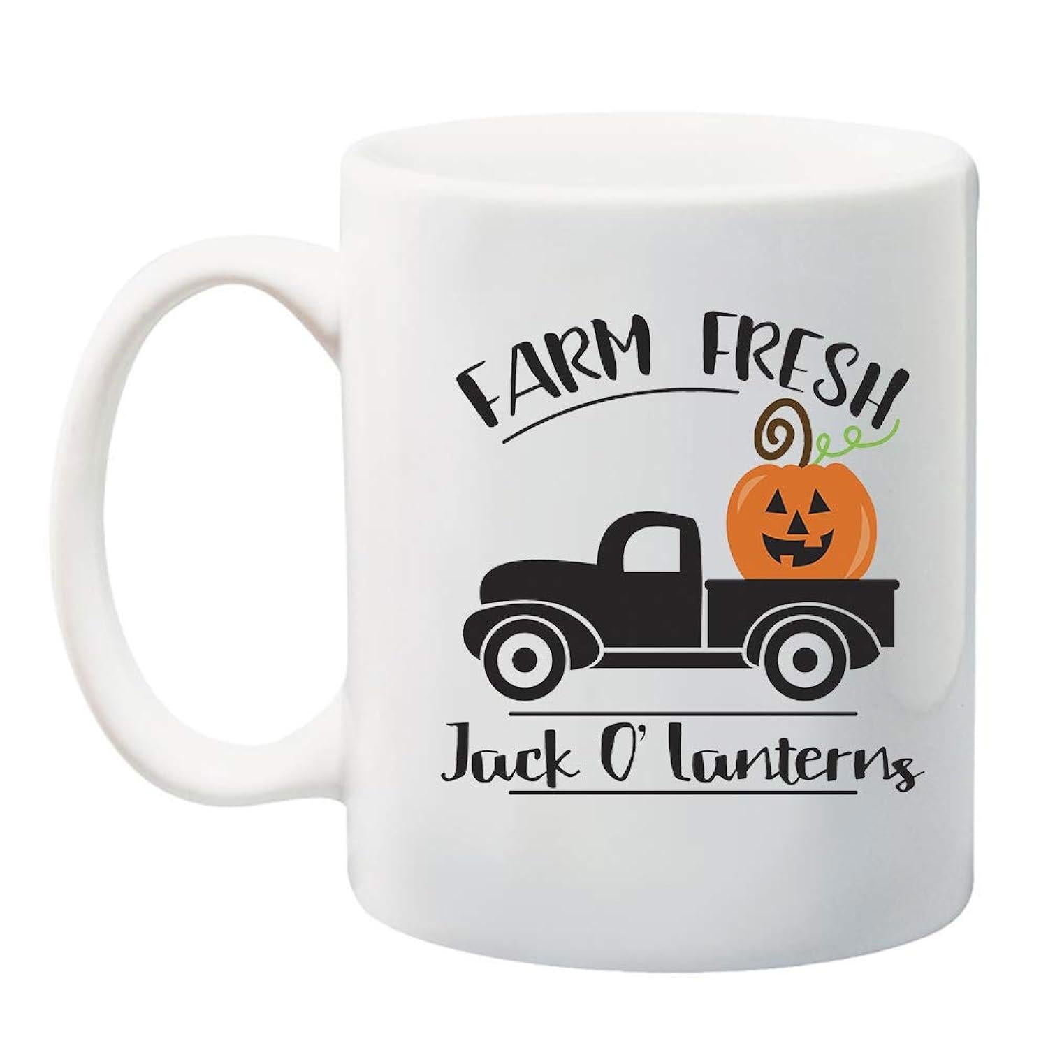 Tailorly White Ceramic 11 oz Mug - Farm Fresh Jack O Lanterns Vintage Black Pickup Truck Carrying A Smiling Orange Carved Halloween Pumpkin