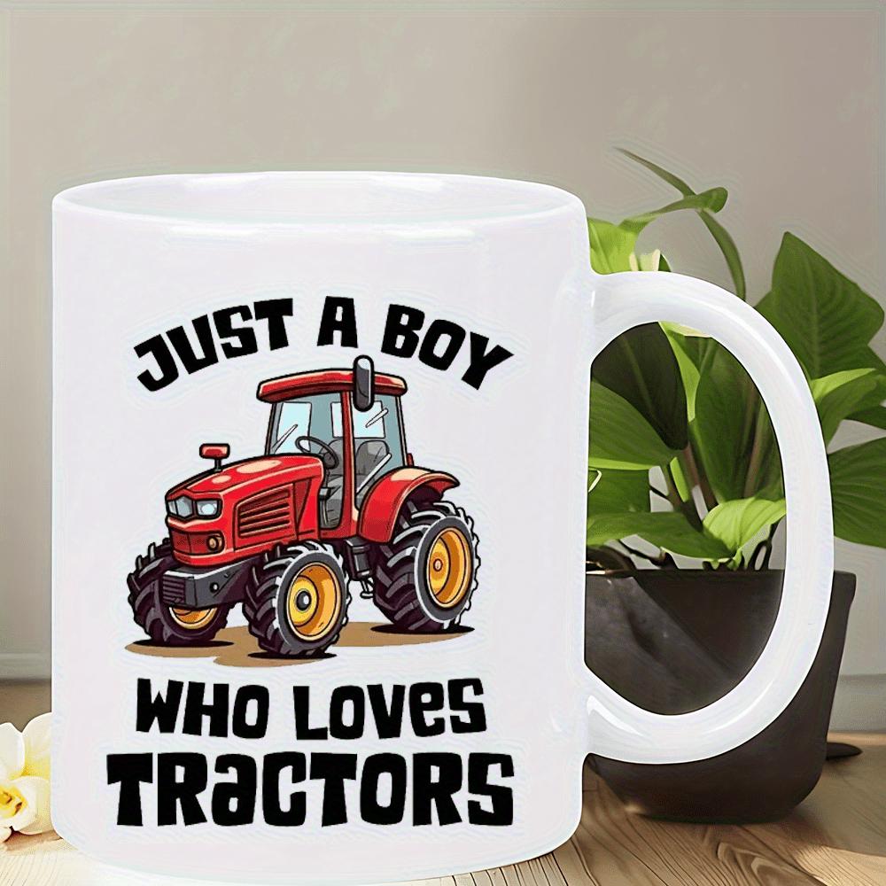 Tailorly White Ceramic 11 oz Mug - Just A Boy Who Loves Tractors Strong Red Farm Machine Moving Across Countryside Field With Large Wheels Tractor