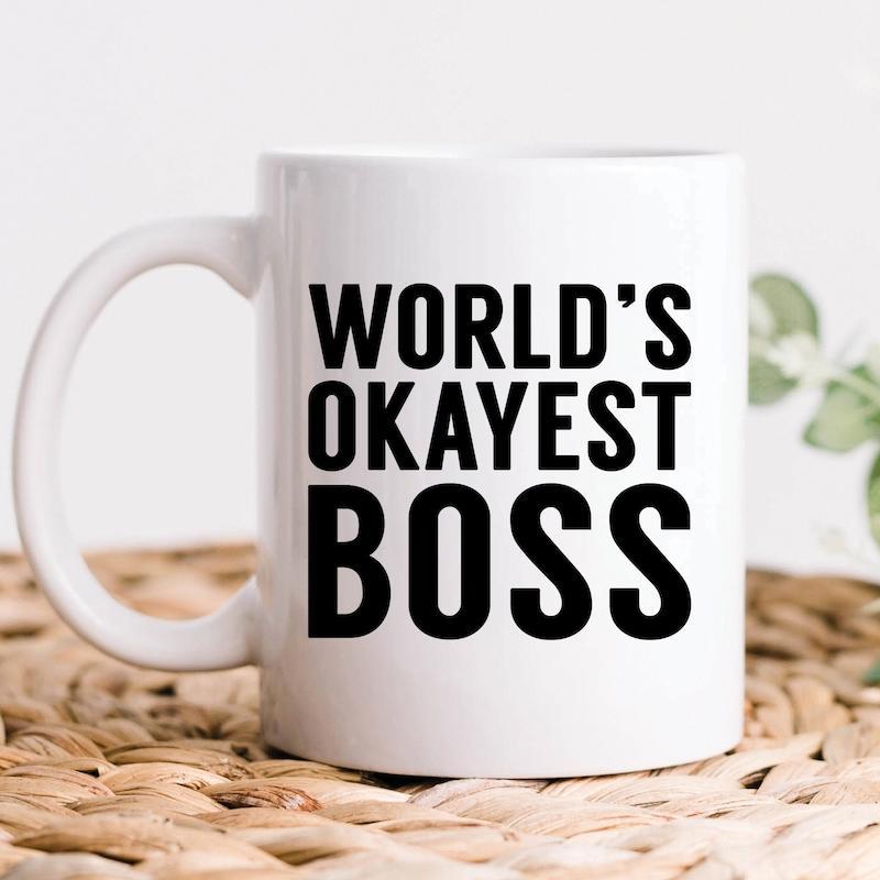 Tailorly White Ceramic 11 oz Mug - Worlds Okayest Boss Simple White Ceramic Vessel Featuring Bold Black Lettering Design Mug