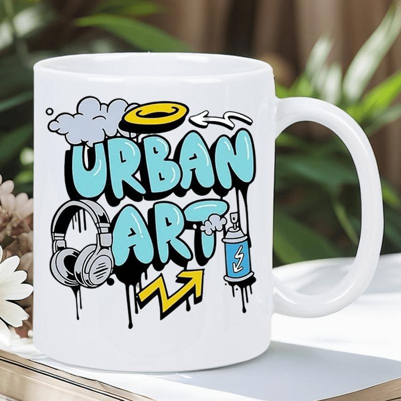 Tailorly White Ceramic 11 oz Mug - Urban Art Vibrant Bubble Letters With Headphones And Spray Can Among Modern Elements Graffiti