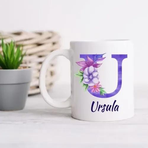 Tailorly White Ceramic 11 oz Mug - Ursula Elegant Purple Watercolor Letter Adorned With Delicate Blooming Petals Flower