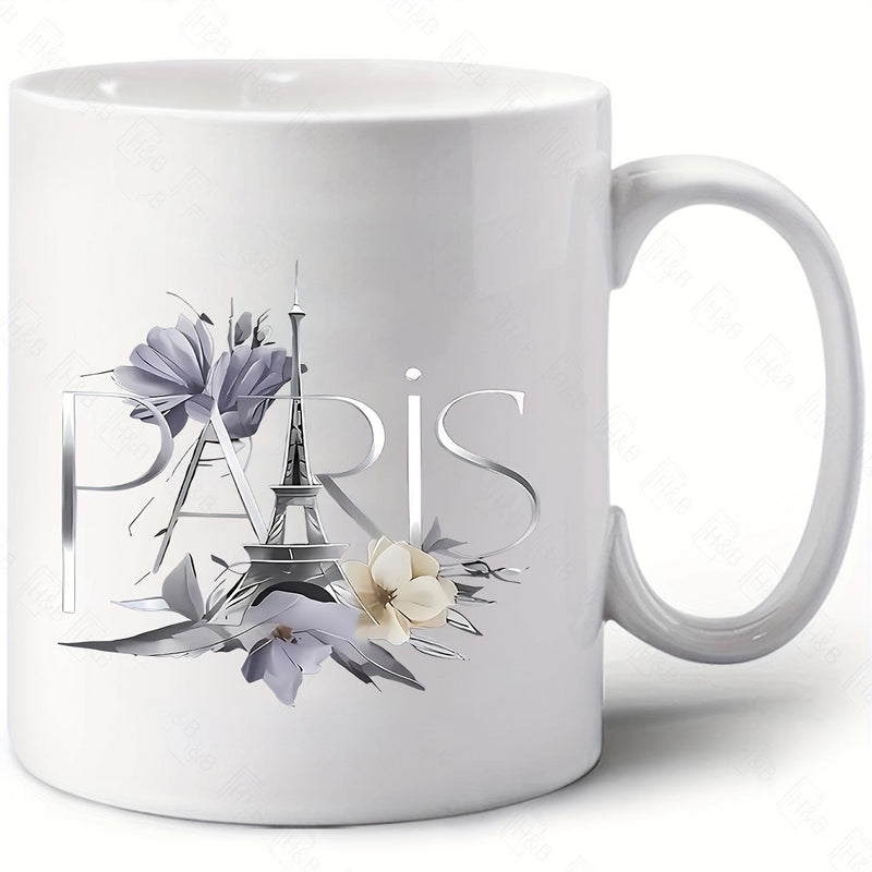 Tailorly White Ceramic 11 oz Mug - Paris Elegant Eiffel Tower Among Lavender Flowers And Delicate White Petals Tower