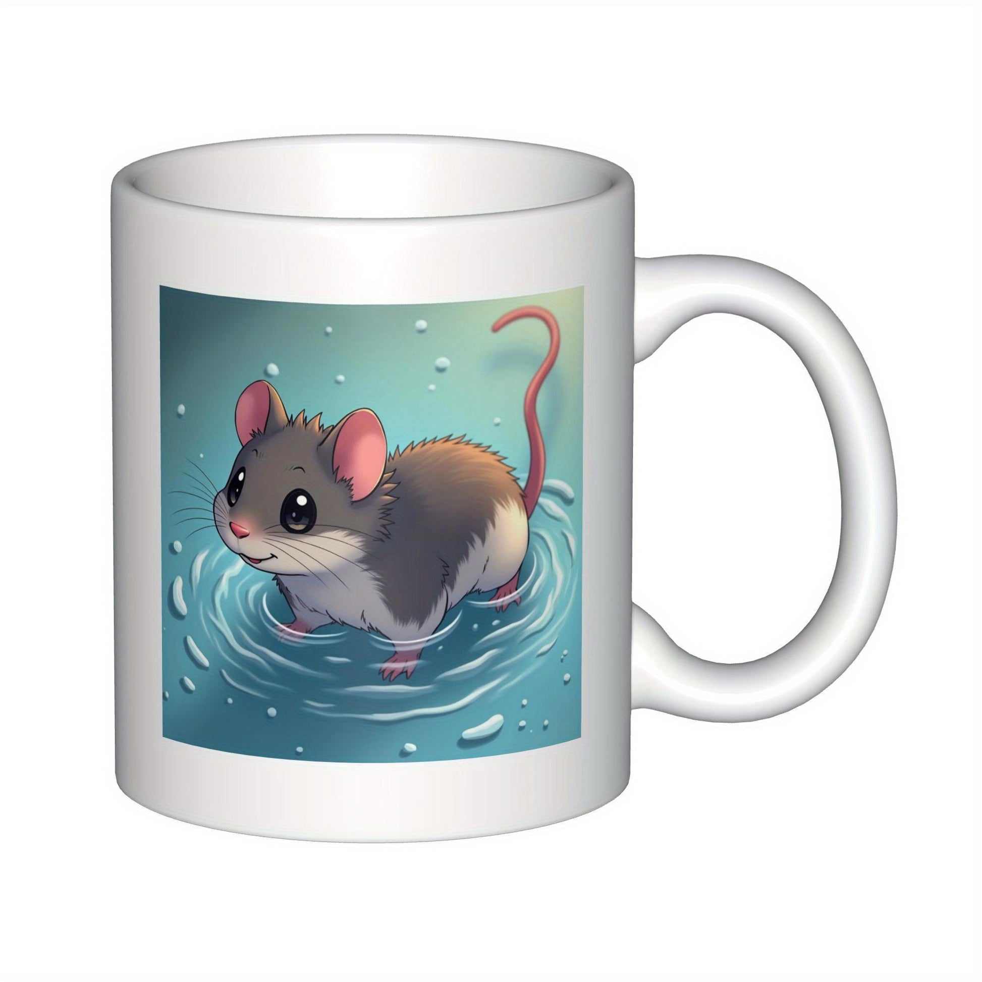Tailorly White Ceramic 11 oz Mug - Adorable Grey Little Mouse Swimming Inside Gentle Blue Rippling Water Mouse