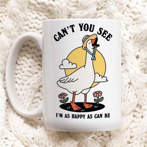 Tailorly White Ceramic 11 oz Mug - Can't You See I'm As Happy As Can Be Charming White Bird Wearing Straw Hat Standing Before Sun And Flowers Goose