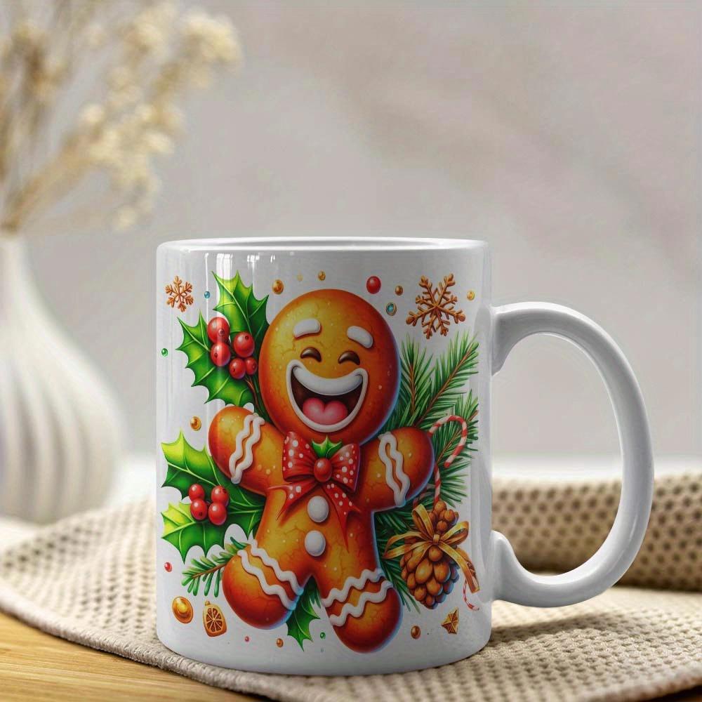 Tailorly White Ceramic 11 oz Mug - Cheerful Smiling Christmas Cookie Character With Festive Holly Leaves And Berries Gingerbread Man