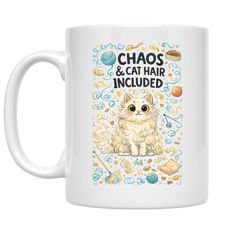 Tailorly White Ceramic 11 oz Mug - Chaos Cat Hair Included Fluffy Adorable Kitty Surrounded By Messy Yarn Doodles And Crumbs Cat
